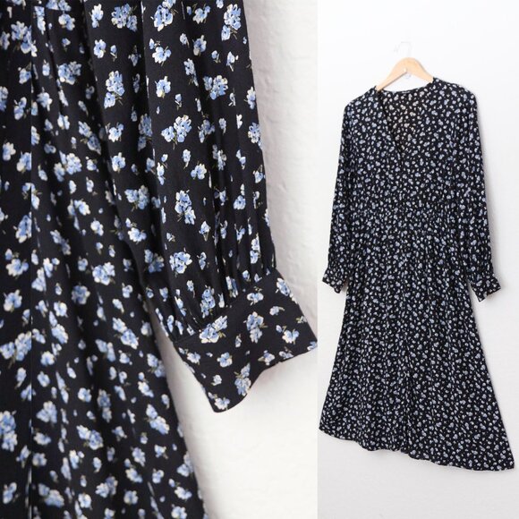 Madewell Long Sleeve Button Front Midi Dress 2 Baby's Breath  Black Blue Floral - Picture 6 of 15